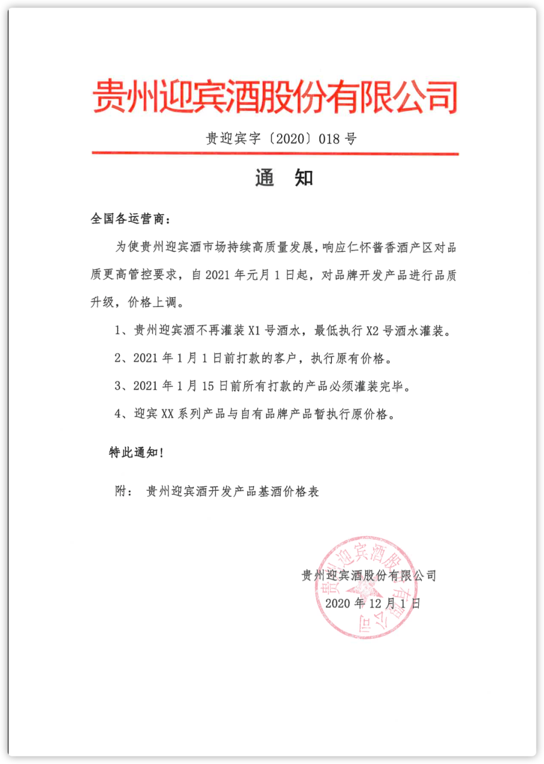 贵州迎宾酒涨价开发产品,价格上调40%,明年1月起执行