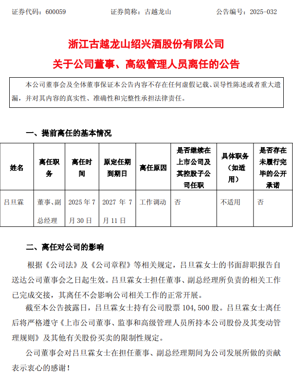 古越龙山副总经理吕旦霖离任
