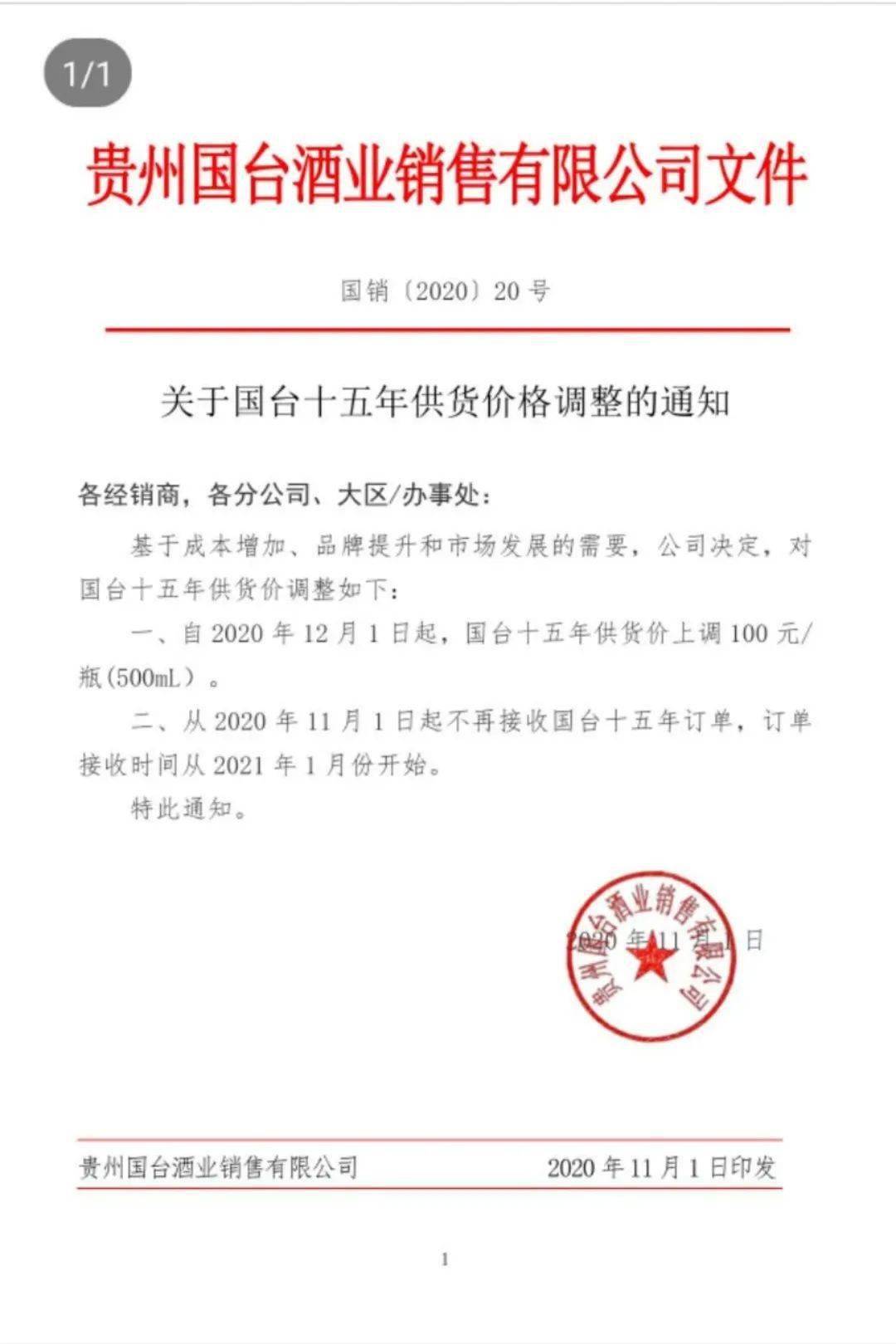 国台国标酒12月1日起暂停供货,国台十五年供货价调整