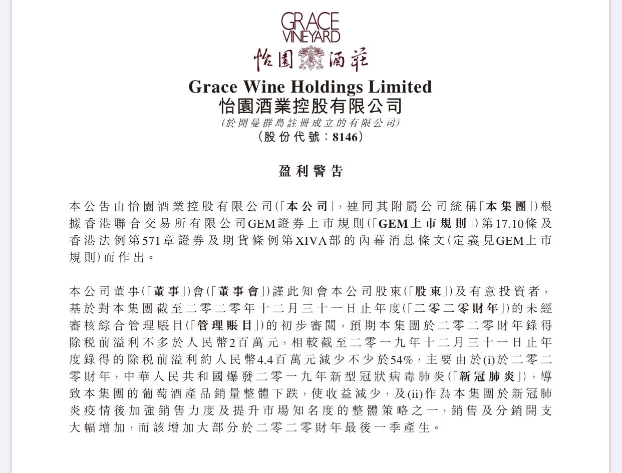 怡园酒业:预期2020财年税前溢利不多于200万元