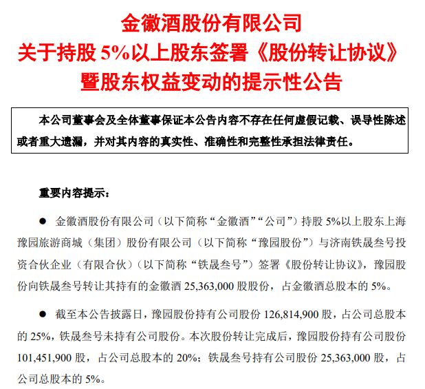 豫园股份再卖金徽酒5%股权，近6亿售价赚了近一半