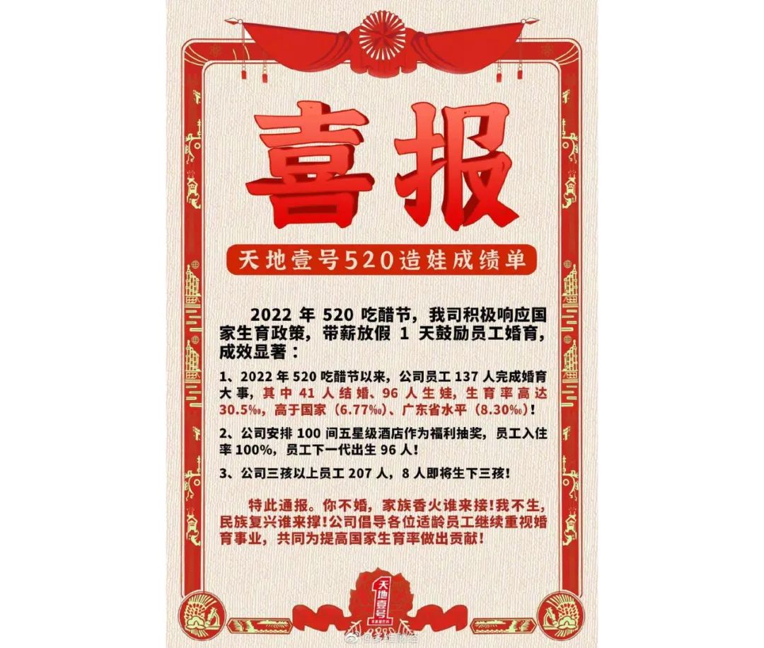 最会作秀的老板,晒“生娃成绩单”:137名员工完成婚育……