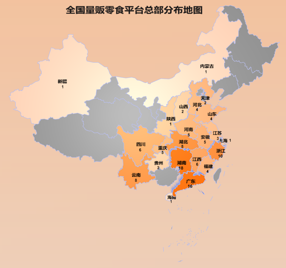 根据量贩零食总部的分布数量,我们将区域分为五大梯队