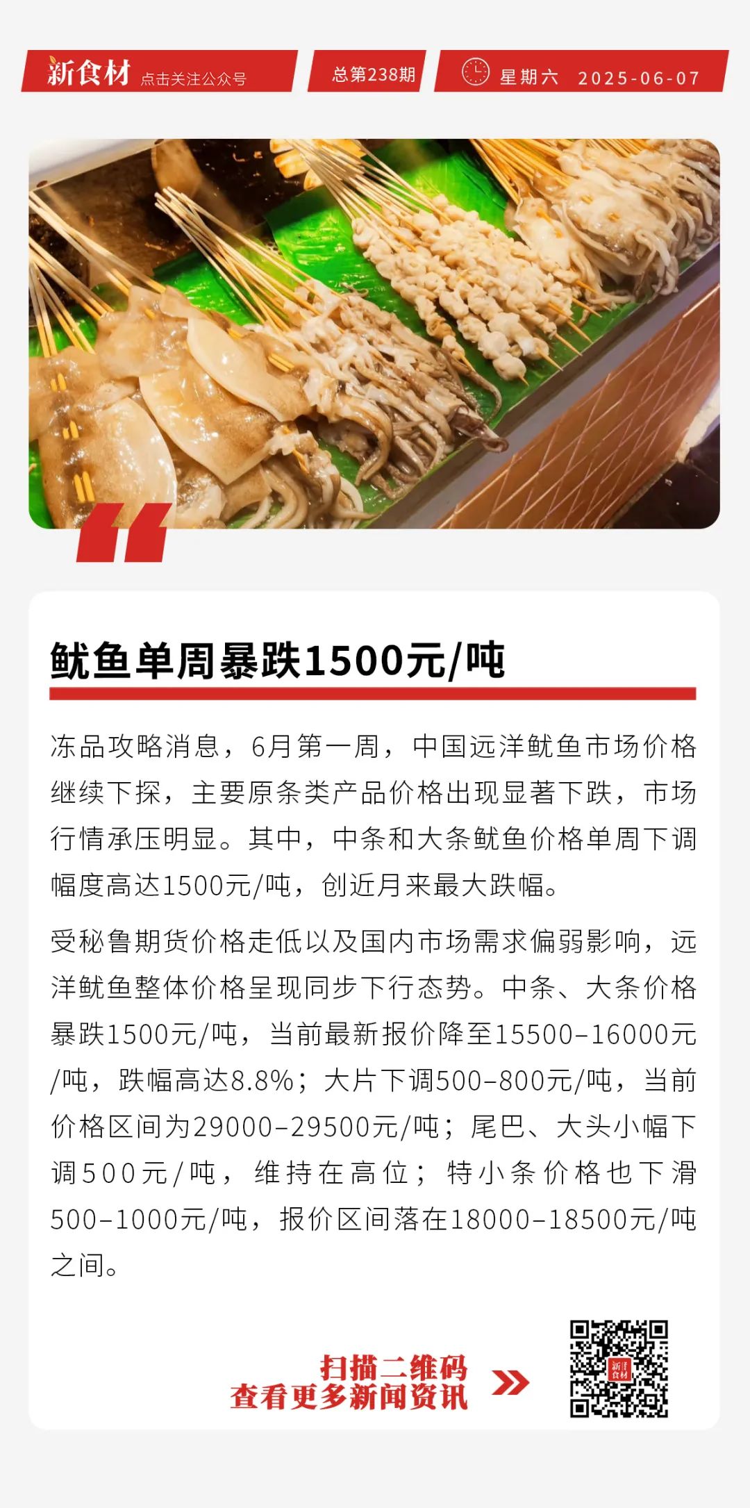 鱿鱼单周暴跌1500元/吨；中烹协预期6月餐饮向好；海欣上新模拟松叶蟹钳丨快报