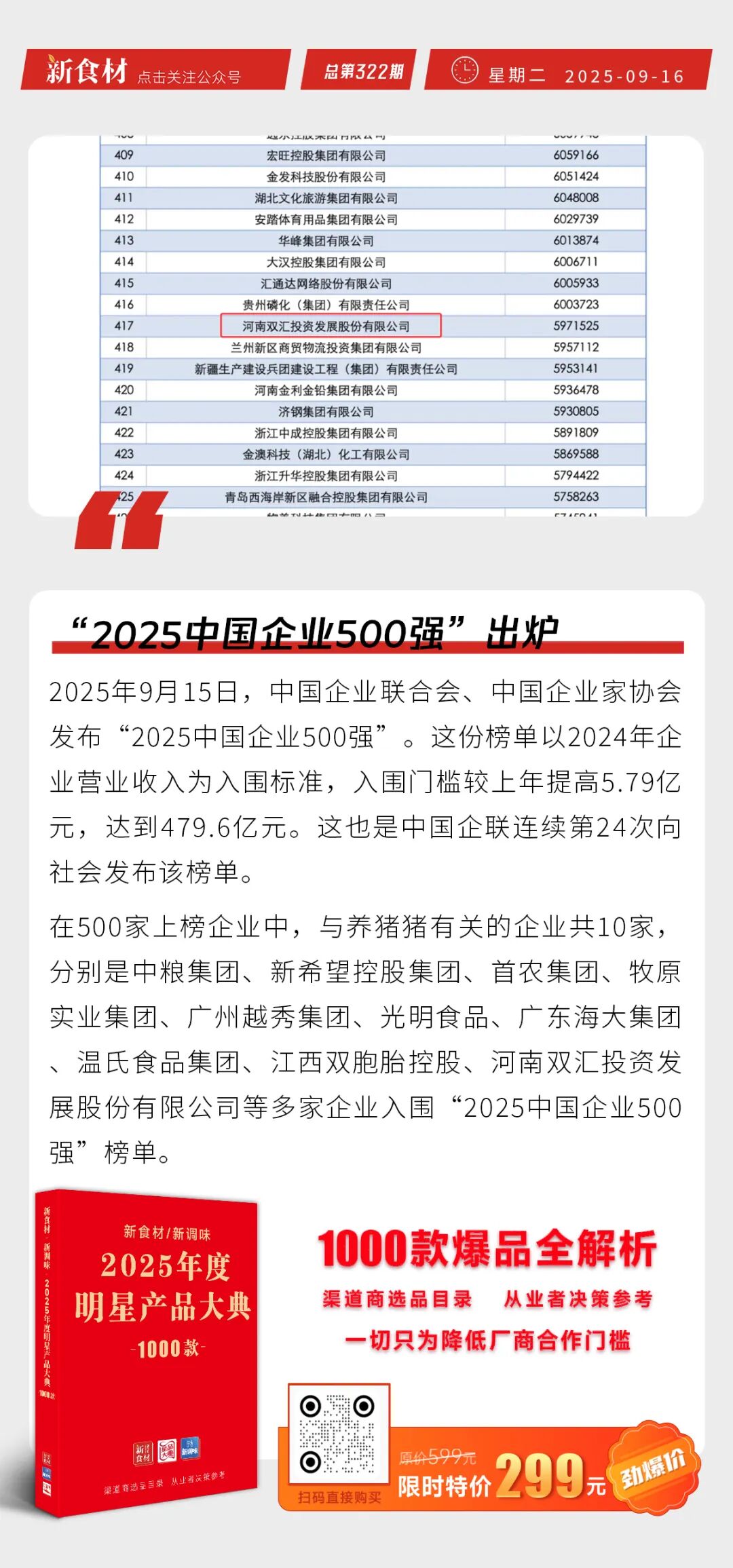 正大上新“台式卤肉”；粮全其美上新“黄油鲜葱手抓饼”；“2025中国企业500强”出炉 | 快报