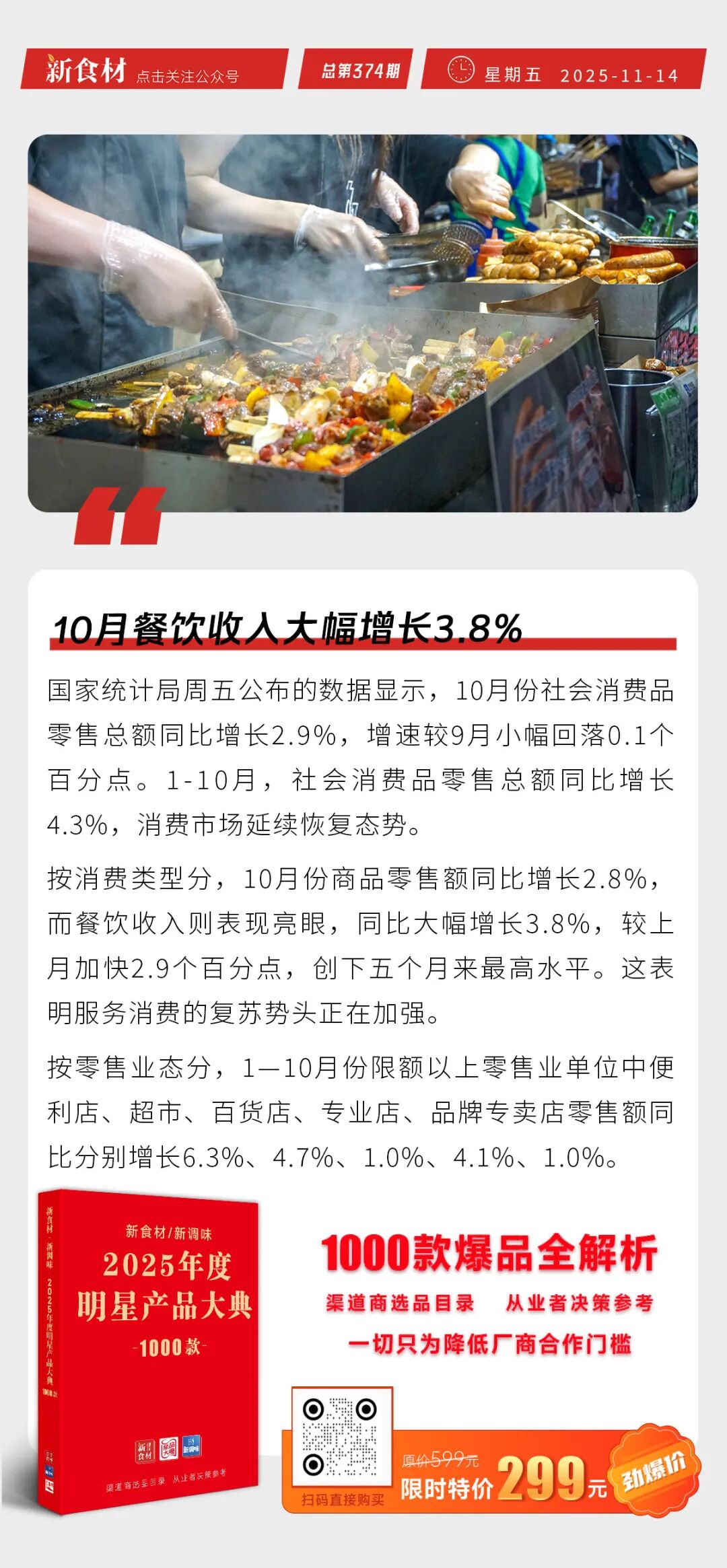 三全黄金比例低脂饺子上市；10月餐饮收入大幅增长3.8%；23家猪企公布10月销售情况丨快报
