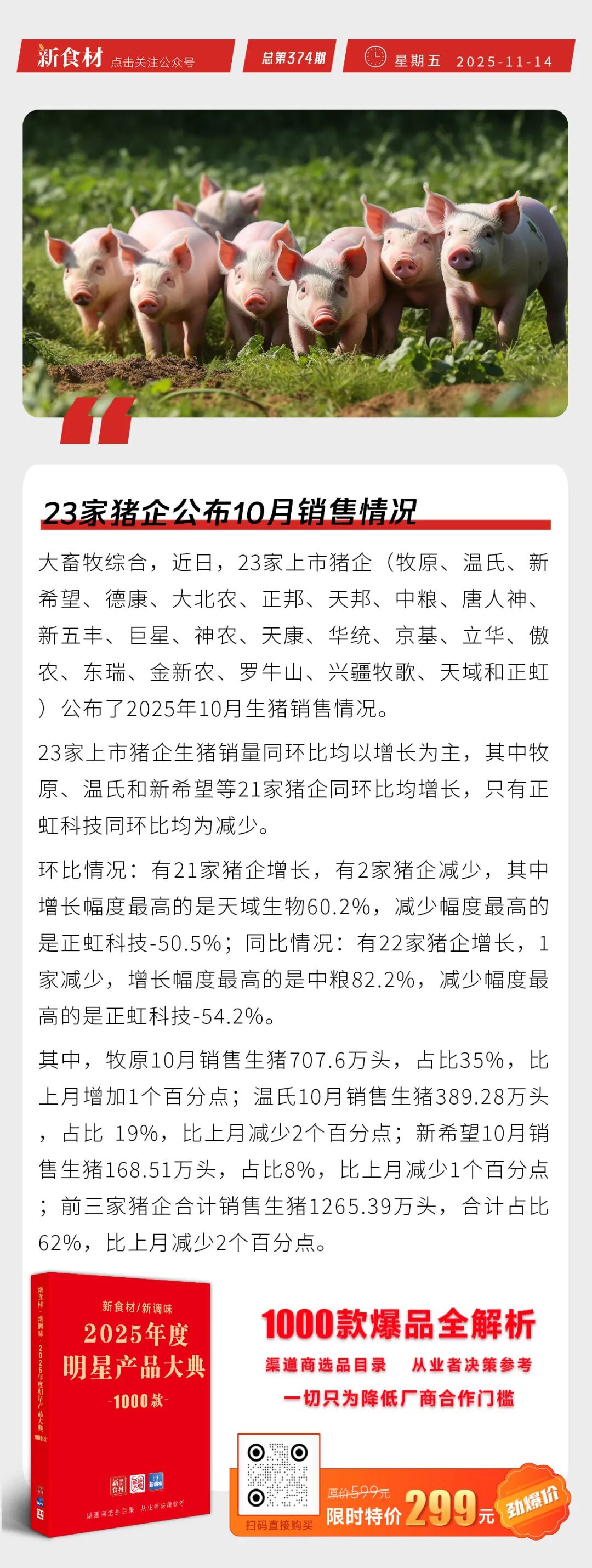 三全黄金比例低脂饺子上市；10月餐饮收入大幅增长3.8%；23家猪企公布10月销售情况丨快报