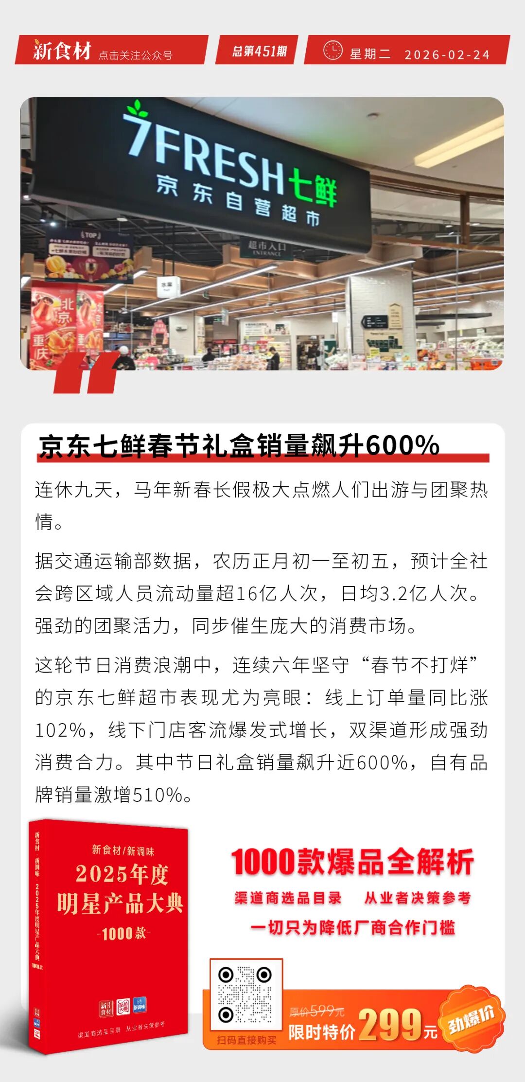 史密斯菲尔德斥90亿建猪肉加工厂；京东七鲜春节礼盒销量飙升600%；2026年春节消费火爆丨快报