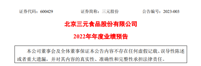 三元股份预计2022年净利润同比下降90%至86%