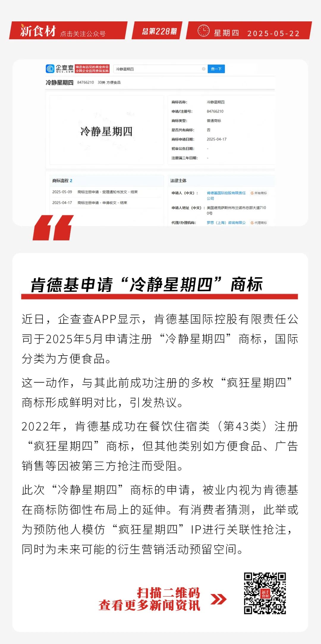 肯德基申请“冷静星期四”商标；千味央厨关注单人次与小家庭市场需求 | 快报