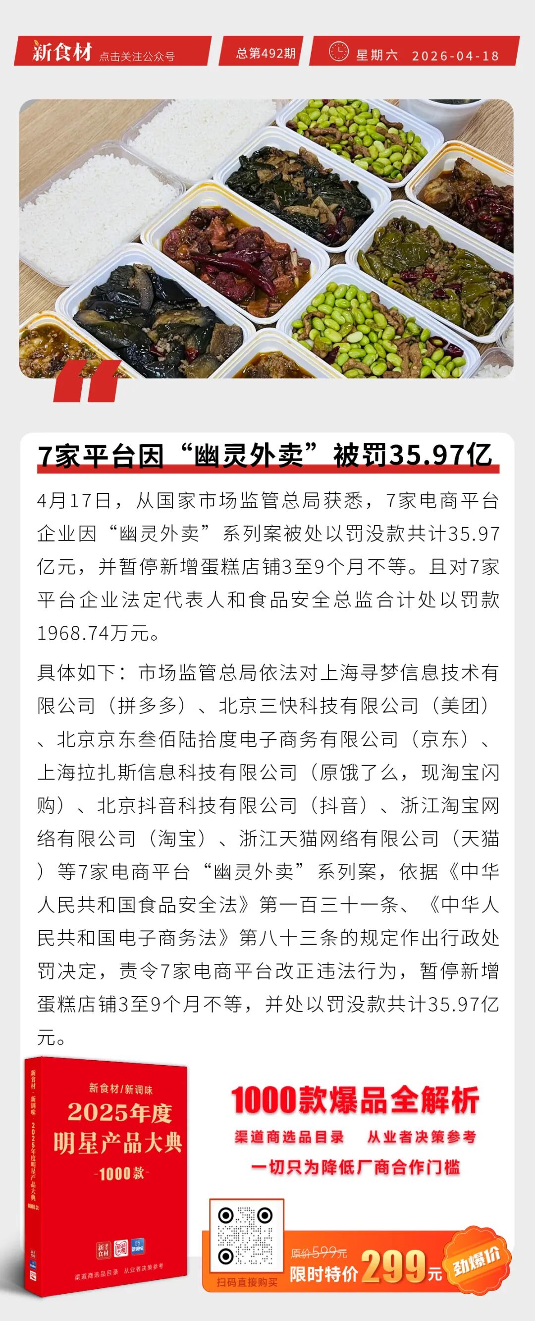 家平台因”幽灵外卖”被罚35.97亿;一季度餐饮收入14623亿元;史密斯菲尔德推出首款腌制猪肉丨快报"