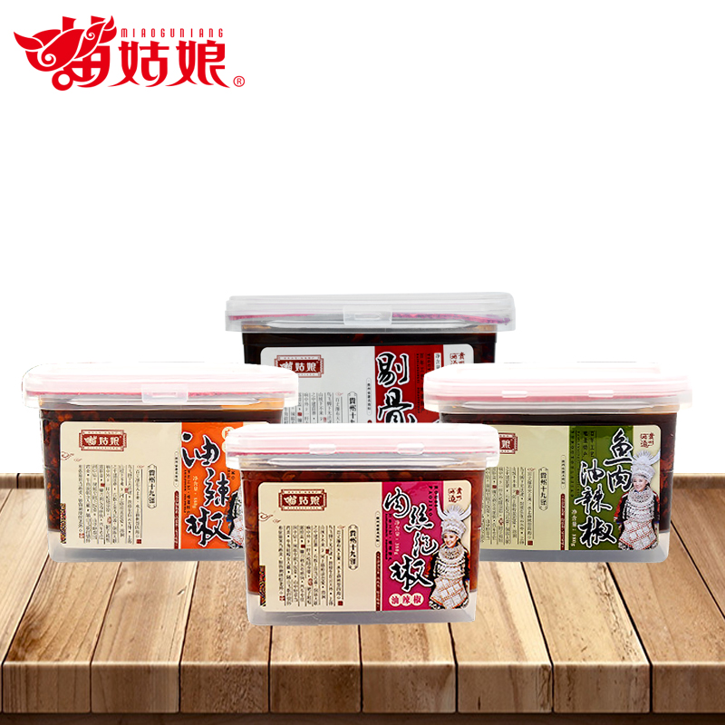 苗姑娘鱼肉油辣椒、肉末油辣椒、风味肉丝泡椒、剔骨鸭380g盒装4盒装4盒装