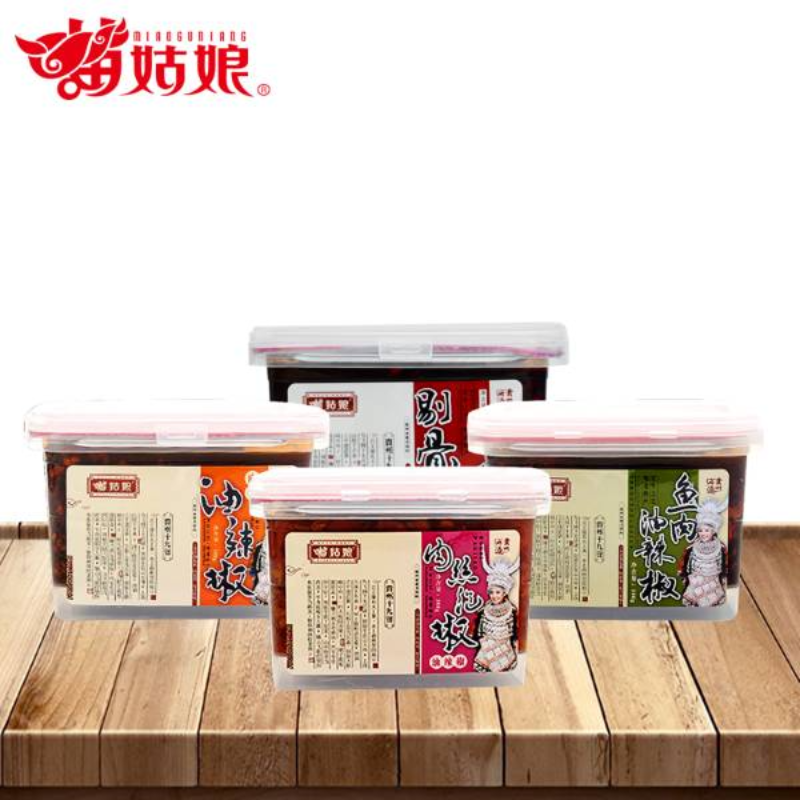 苗姑娘鱼肉油辣椒、肉末油辣椒、风味肉丝泡椒、剔骨鸭380g盒装4盒装4盒装