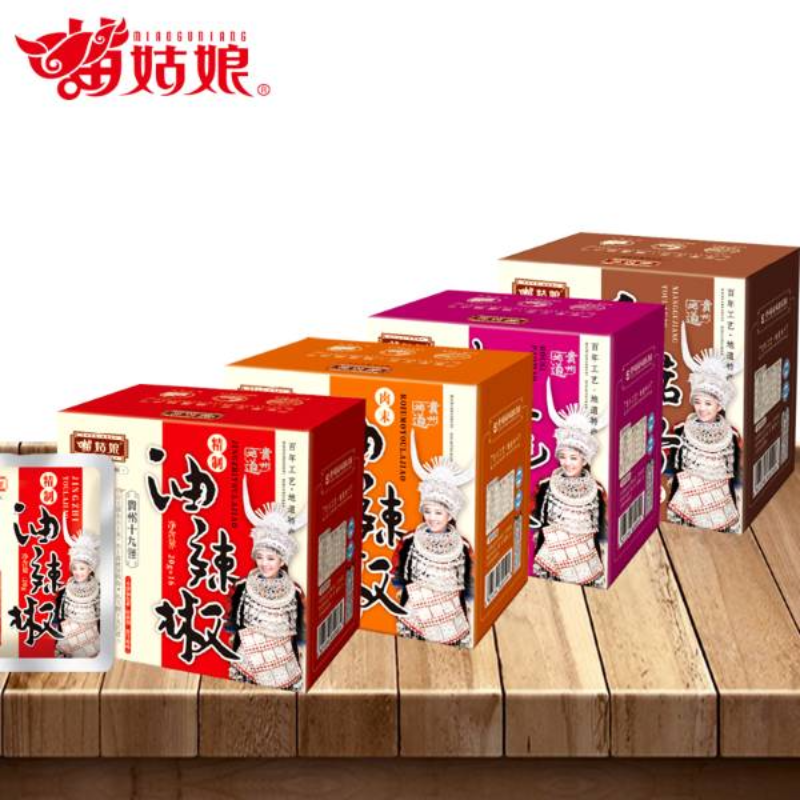 苗姑娘香菇油辣椒、肉末油辣椒、风味肉丝泡椒、精制油辣椒20g*16袋盒装系列