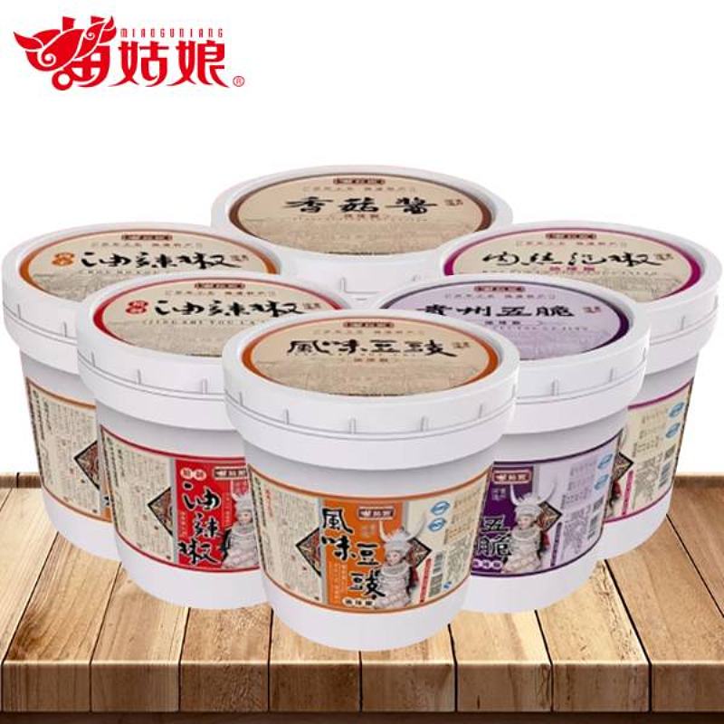 苗姑娘精制油辣椒、五脆油辣椒、香菇油辣椒、肉末油辣椒、风味肉丝泡椒、豆豉油辣椒