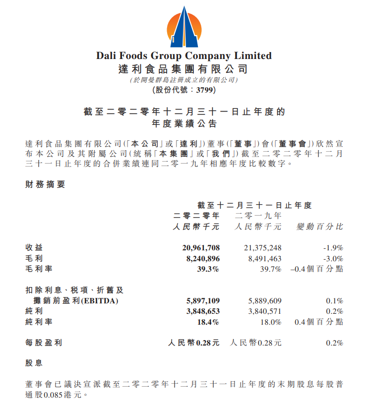 达利食品2020年业绩一如既往地“稳”