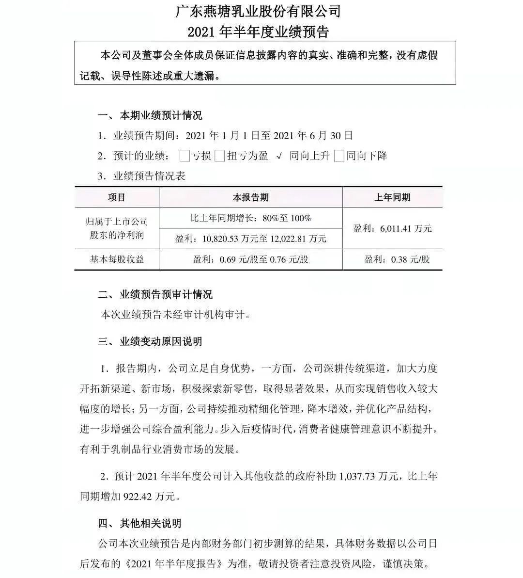 燕塘乳业2021年上半年预计增长80%-100%